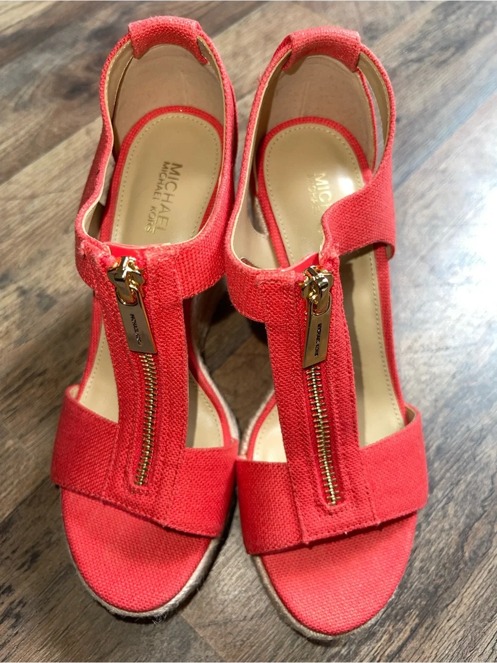 Michael Kors Coral-Red Espadrille Wedge Sandals with Front Zipper